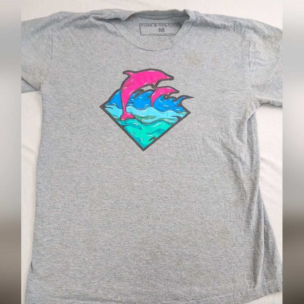Pink Dolphin Grey Tee Featuring Pink Dolphins on the Front Medium
